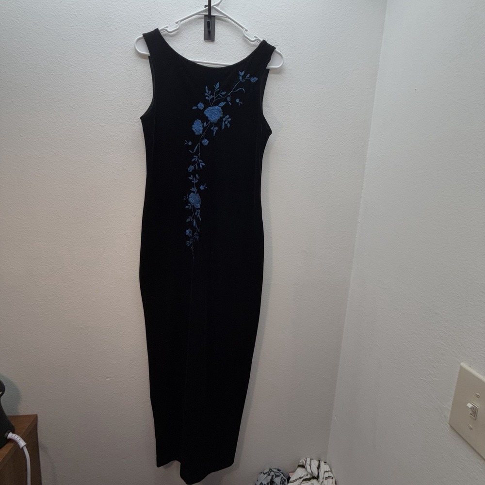 VTG Velvet‎ Maxi Prom Dress Gown 10 Blue Black 90s Y2K Whimsigoth Embroidered